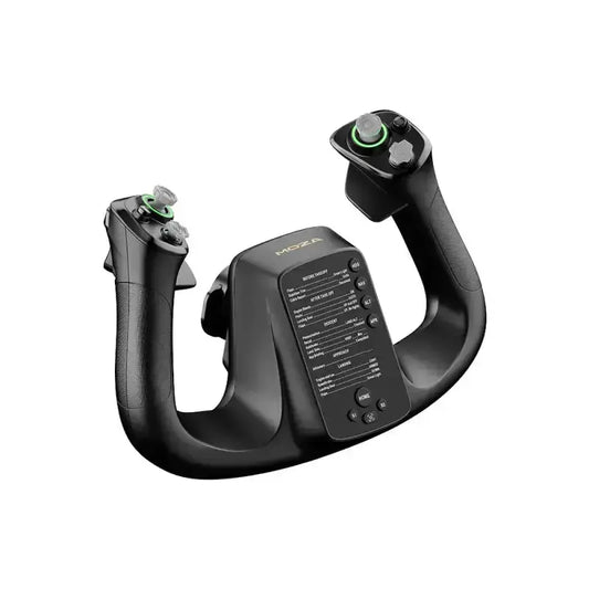 Zwarte drone-stuurcontroller met groene knoppen en centraal scherm voor vliegtuigbesturing. Geschikt voor professionele drone-gebruikers en vliegtraining.