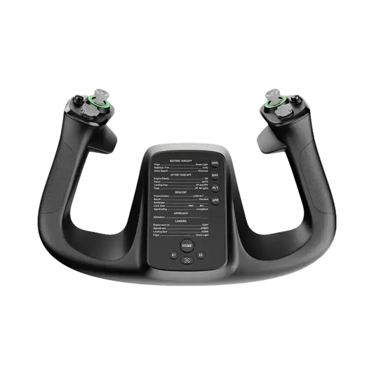 Zwarte drone-stuurcontroller met groene knoppen en centraal scherm voor vliegoperaties. Geschikt voor professionele dronebesturing en precisievluchtcontrole.