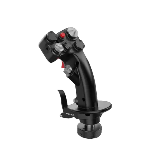 Zwart MOZA-stuurwiel met zilveren en rode knoppen, geschikt voor dronebesturing. Robuust ontwerp met precisieknoppen voor vliegtuig- en dronebesturing.