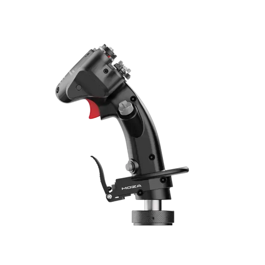 Zwart MOZA-stuurwiel met zilveren knoppen en rode details, geschikt voor precisiebeheer van drone- en camera-uitrusting. Geoptimaliseerd voor vliegtuig- en filmtoepassingen met professioneel design.