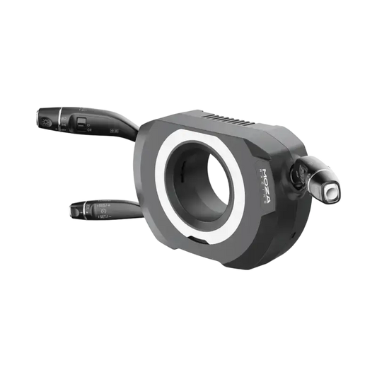 De Moza Racing stabilisator in zwart met zilveren ring, voorzien van bedieningsknoppen en een centraal montagegat, geschikt voor dynamische videoproduktie en sportieve shooting.