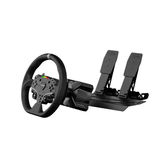 Zwart stuurwiel met multifunctionele knoppen en kleurrijke LED-indicatoren, geïntegreerd met een realistisch pedaalset voor racegames. Geschikt voor intensieve simulaties en professionele race-ervaringen.