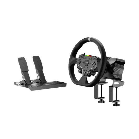 Zwart stuurwiel met multifunctionele knoppen en kleurrijke LED-indicatoren, geïntegreerd met een realistisch pedaalset voor racegames. Geschikt voor intensieve simulaties en professionele race-ervaringen.