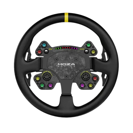 Zwart racingstuur van Moza met kleurrijke knoppen en digitale display, uitgerust voor realistische race-game-ervaring. Geïntegreerd met gaming-accessoires voor optimale prestaties in virtuele races.