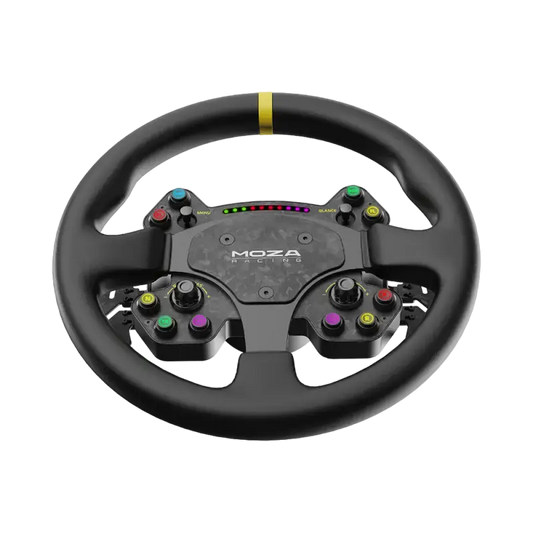 Zwart racingstuur van Moza Racing met kleurrijke knoppen en digitale display, uitgerust voor realistische race-game-ervaring. Geïntegreerd met gaming-accessoires voor optimale prestaties in virtuele races.