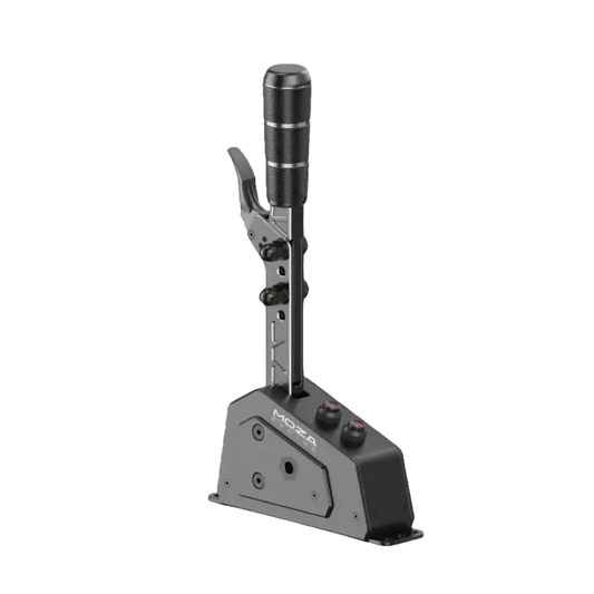Zwart metalen MOZA gamingstuur met textuurde grip en rode knoppen, geschikt voor professionele race- en simulatorspellen. Robuust ontwerp voor hoge prestaties en precisie in de gamingwereld.