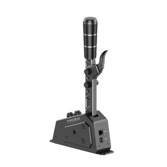 Zwart metalen MOZA gamingstuur met textuurrijke grip en rode knoppen, geschikt voor professionele race- en simulatorspeeltoepassingen. Compacte constructie met zichtbare montagepunten voor stabiliteit.