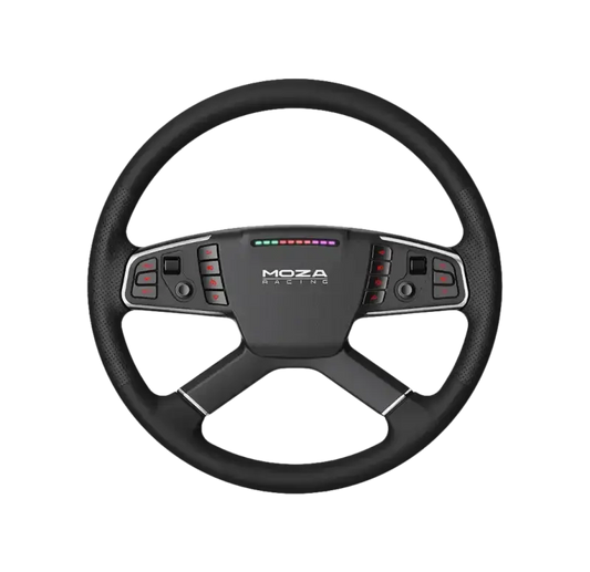 Zwart stuurwiel van Moza Racing met perforatie, kleurrijke LED-indicator en bedieningsknoppen. Geschikt voor race- en gamingstoelen, met sportief design en precisiebediening.