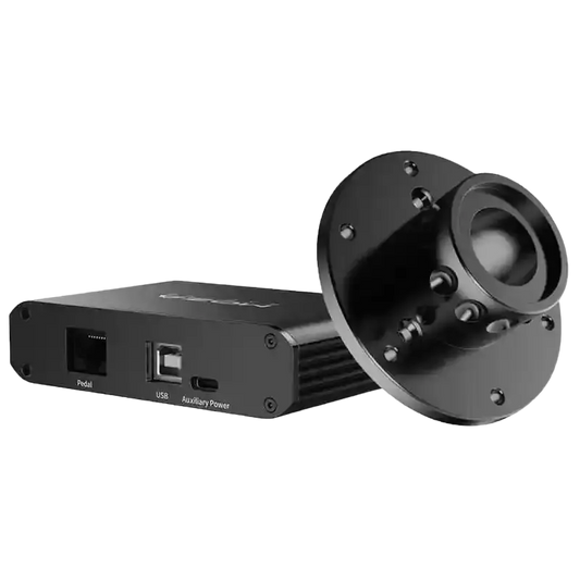 Zwart MOZA Racing-gereedschap met metalen montageplaat en vier Ethernet-poorten, bedoeld voor raceauto’s en motorsport. Geschikt voor professionele camera-installaties in racevoertuigen.