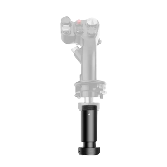 Zilverkleurige stuurkolom met rode knop en zichtbare schroefdetails, geschikt voor modellen met stuurkolomverlenging. Metalen constructie met zwarte onderdelen voor betere grip en stabiliteit.
