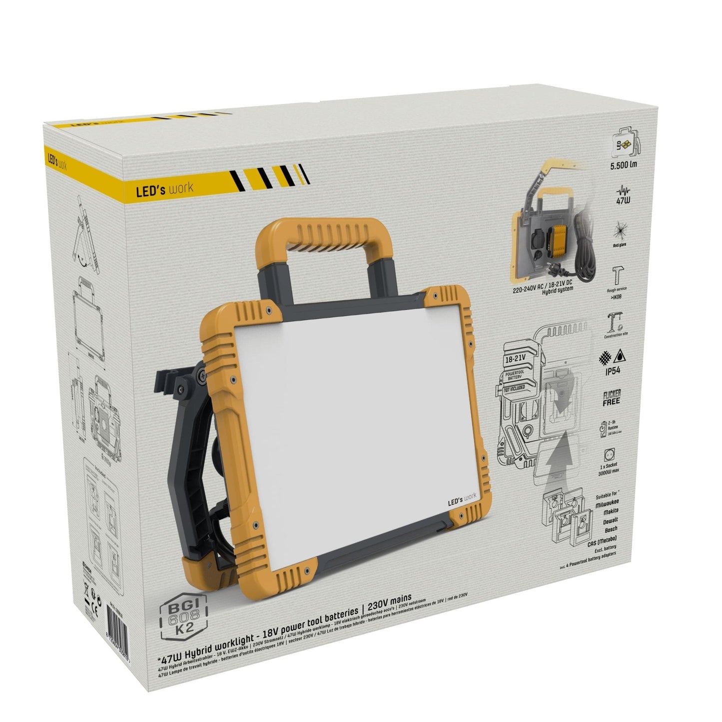 LED's Light 18V Hybride LED Bouwlamp 5500lm - Incl Adapters - Bedraad en draadloos te gebruiken – IP54 – Rough Service Tested – 47W