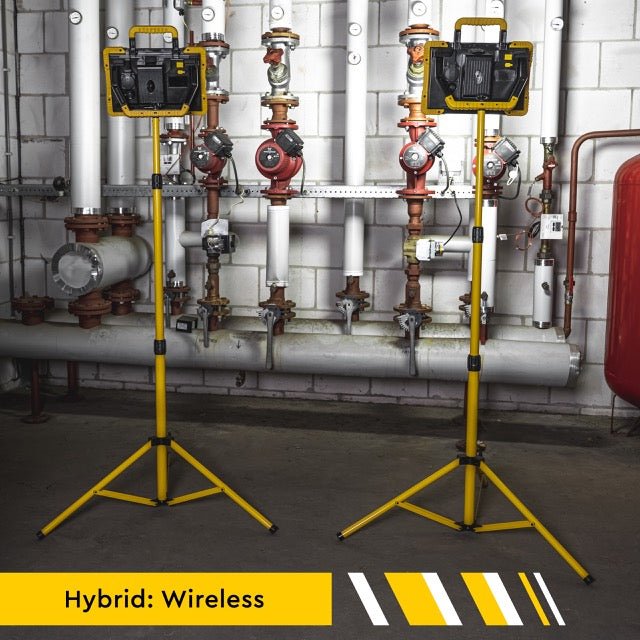 Een robuust, oranje-groen kofferlamp met witte verlichtingsvlak, omringd door diverse batterijen van merken zoals Makita, DeWalt, Bosch en Metabo, geschikt voor professionele werktuigbatterijen en werkplekverlichting.