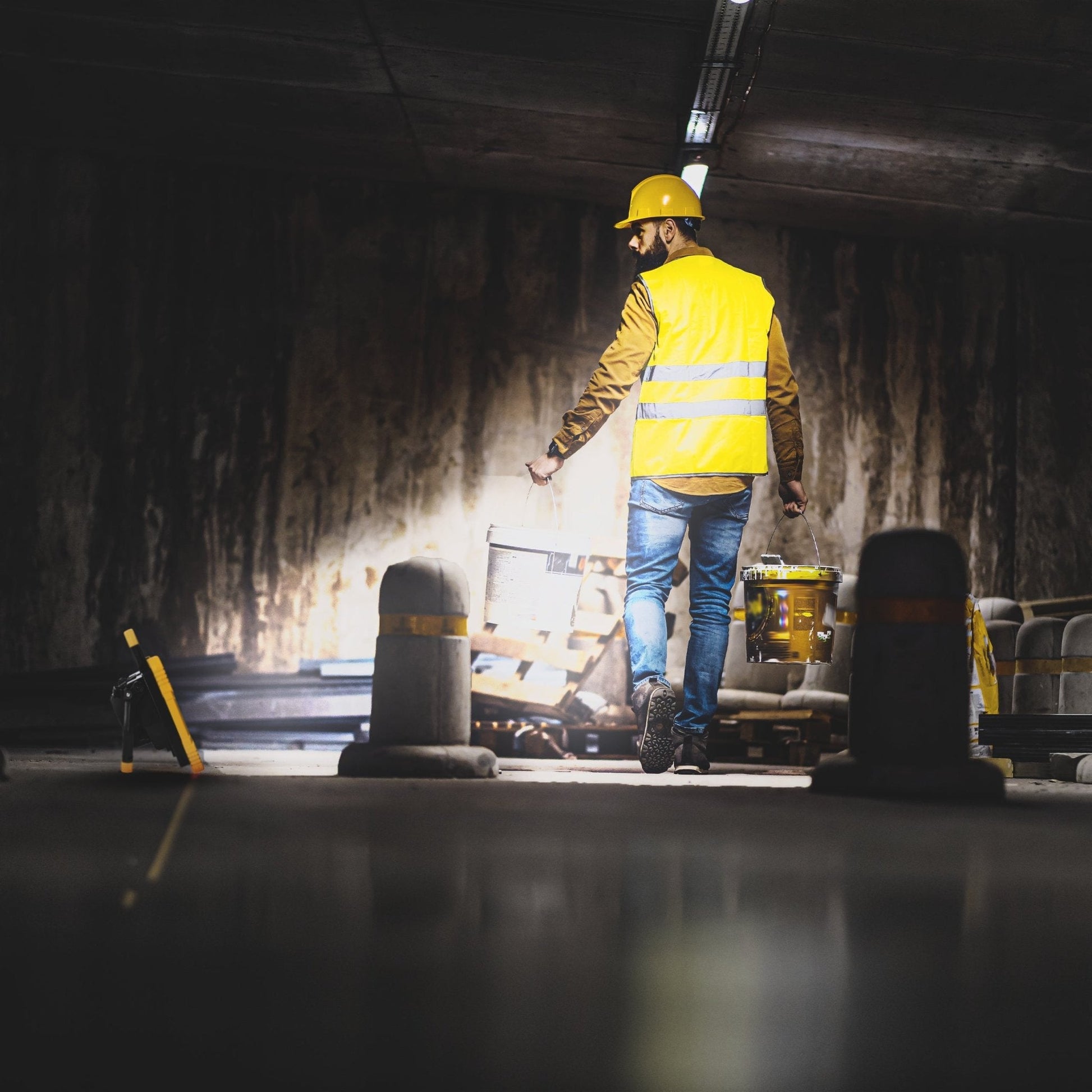 Een robuuste, gele en zwarte werklicht met handvat, omringd door diverse batterijen van merken zoals Makita, DeWalt, Bosch en Metabo, geschikt voor professioneel gebruik in de bouw of reparatie.