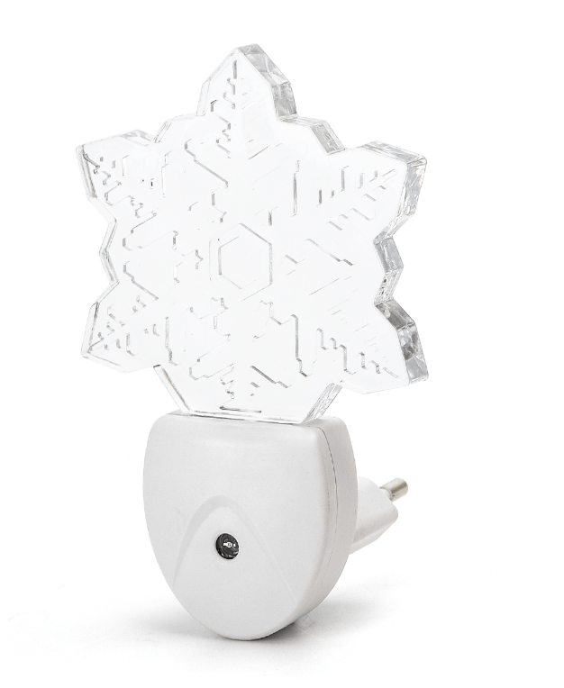 Een witte nachtlamp in de vorm van een sneeuwvlok, gemaakt van transparant kunststof met ingegraveerde patronen. Ideaal voor sfeerverlichting in slaapkamers of als kerstdecoratie.