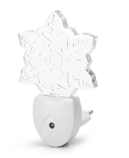 Een witte nachtlamp in de vorm van een sneeuwvlok, gemaakt van transparant kunststof met ingegraveerde patronen. Ideaal voor sfeerverlichting in slaapkamers of als kerstdecoratie.