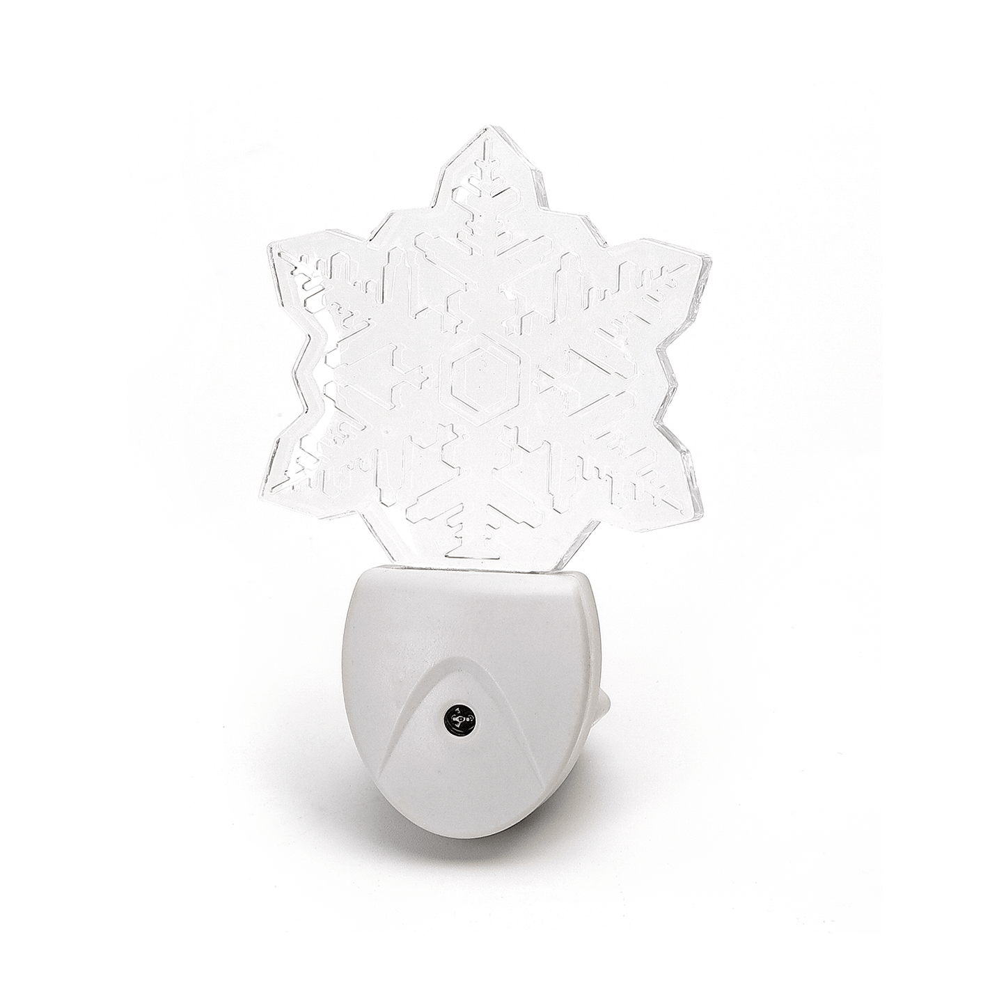 Een witte nachtlamp in de vorm van een sneeuwvlok met transparante, gedetailleerde patronen. Geschikt voor sfeerverlichting in slaapkamers of als kerstdecoratie.