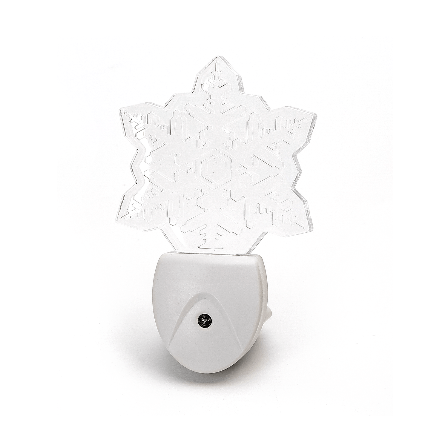 Een witte nachtlamp in de vorm van een sneeuwvlok met transparante, gedetailleerde patronen. Geschikt voor sfeerverlichting in slaapkamers of als kerstdecoratie.