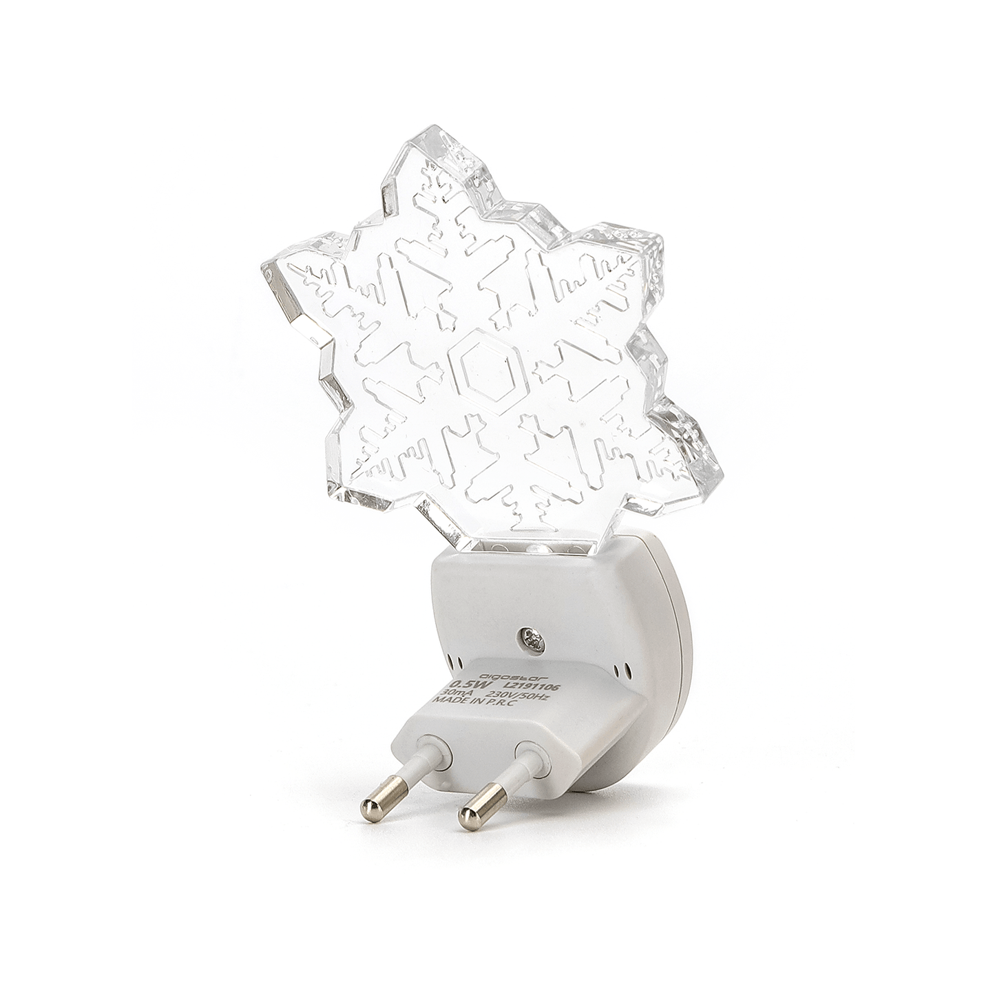 Een witte nachtlamp in de vorm van een sneeuwvlok, gemaakt van glas met ingelegde patronen. Perfect voor sfeerverlichting in slaapkamers of als kerstdecoratie.