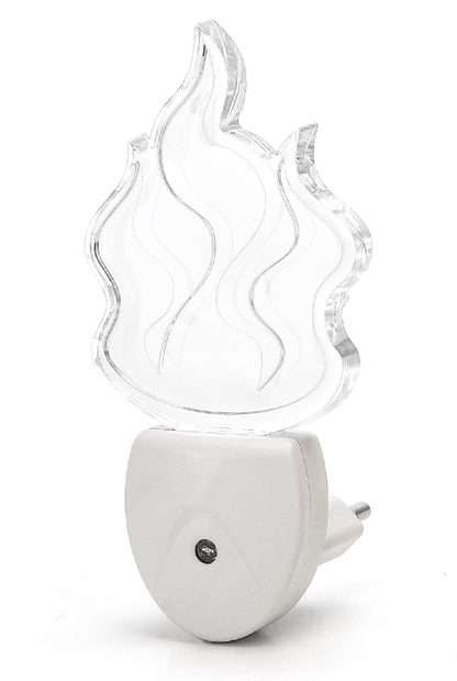 Een transparante, vlamvormige nachtlamp met glazen vlam en witte stekkerbasis, geschikt voor slaapkamerdecoratie of als sfeerverlichting bij kinderen. Perfect voor een rustige, warme sfeer in slaapkamers of kinderkamers.
