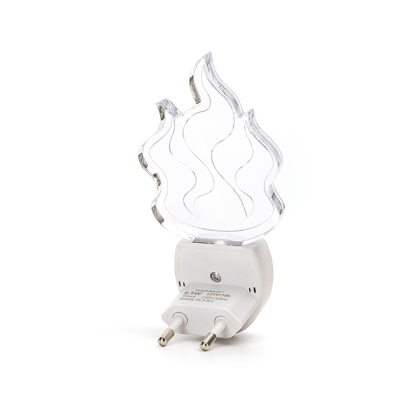 Een transparante, vlamvormige nachtlamp met een witte stekkerbasis, geschikt voor slaapkamerdecoratie. Ideaal als sfeerverlichting voor kinderkamers of als nachtlampje.
