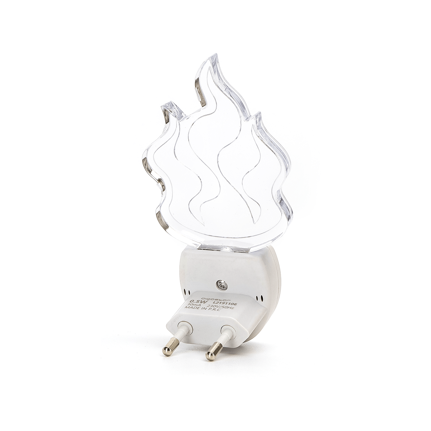 Een transparante, vlamvormige nachtlamp met een witte stekkerbasis, geschikt voor slaapkamerdecoratie. Ideaal als sfeerverlichting voor kinderkamers of als nachtlampje.