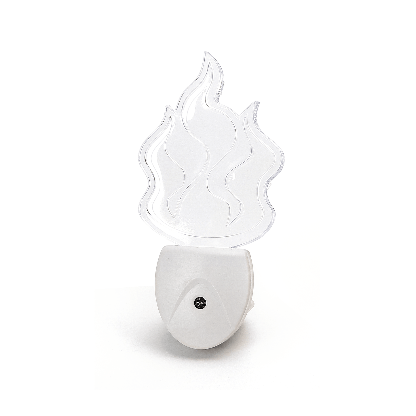 Transparante nachtlamp in vorm van een vlam, gemaakt van glas met een witte stekkerbasis. Ideaal voor slaapkamerdecoratie of als sfeerverlichting bij kinderen.