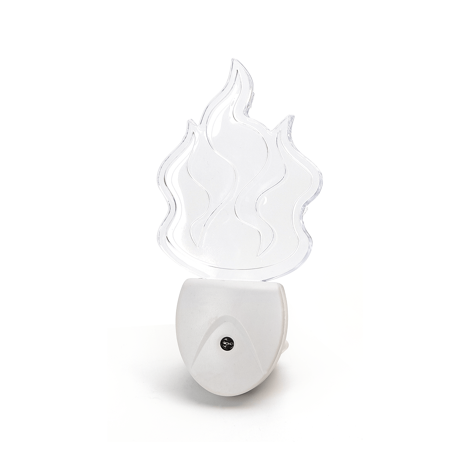 Transparante nachtlamp in vorm van een vlam, gemaakt van glas met een witte stekkerbasis. Ideaal voor slaapkamerdecoratie of als sfeerverlichting bij kinderen.