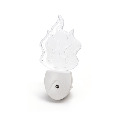 Transparante nachtlamp in vorm van een vlam, gemaakt van glas met een witte stekkerbasis. Ideaal voor slaapkamerdecoratie of als sfeerverlichting bij kinderen.