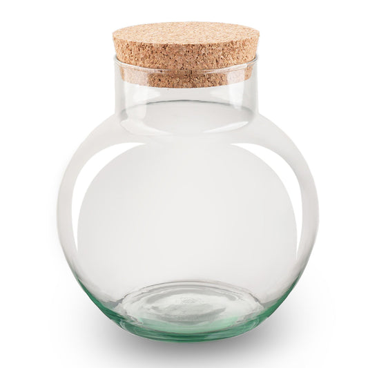 Grote glazen pot met natuurlijk kurkdeksel en groene voet, ideaal voor opslag of decoratie in de keuken. Perfect voor droge snacks, snoep of als opslagpot in de woonkamer.