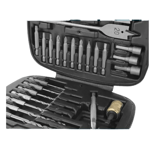 Zwart metalen schroefdraaierset met diverse bitjes in een hardcase, naast twee draadloze schroevendraaiers voor DIY-projecten en reparaties.