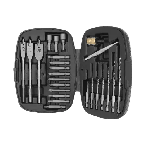 Zwart metalen boormachine-set met diverse boorbits en accessoires, geïntegreerd in een stevig koffer. Perfect voor DIY-projecten en professionele reparaties.