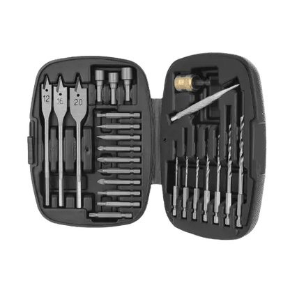 Zwart metalen boormachine-set met diverse boorbits en accessoires, geïntegreerd in een stevig koffer. Perfect voor DIY-projecten en professionele reparaties.