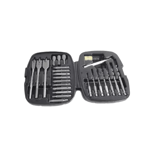 Zwart metalen schroefdraaierkit met diverse bits en een houten dop, geïntegreerd in een draagbare koffer. Ideaal voor reparaties en DIY-projecten in de keuken of woonkamer.