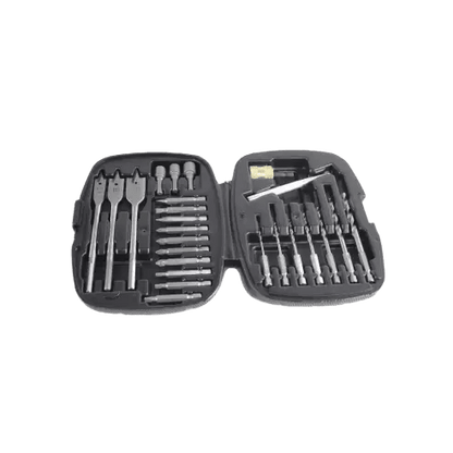 Zwart metalen schroefdraaierkit met diverse bits en een houten dop, geïntegreerd in een draagbare koffer. Ideaal voor reparaties en DIY-projecten in de keuken of woonkamer.