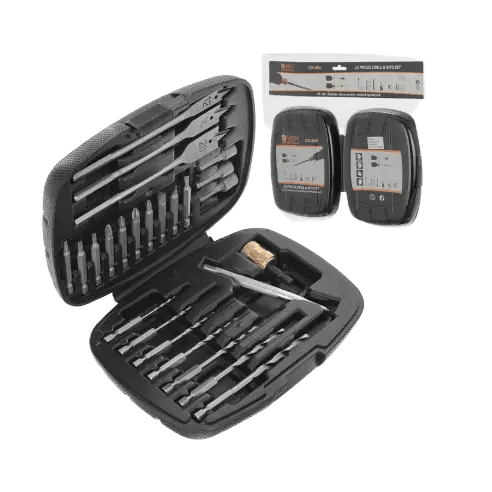 Zwart metalen schroefdraaier set met diverse bitjes in een hardcase, naast twee draadloze schroevendraaiers voor DIY-projecten en reparaties.