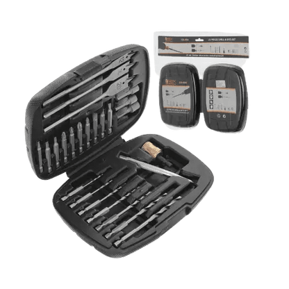 Zwart metalen schroefdraaier set met diverse bitjes in een hardcase, naast twee draadloze schroevendraaiers voor DIY-projecten en reparaties.