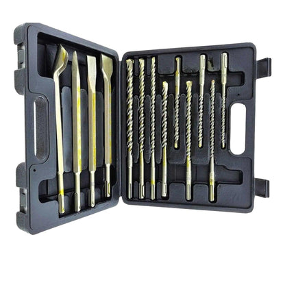 Gouden boormachineset met schroefdraad en boormessen in een zwarte houder, geschikt voor hout- en metaalbewerking. Perfect voor DIY-projecten en professionele reparaties.