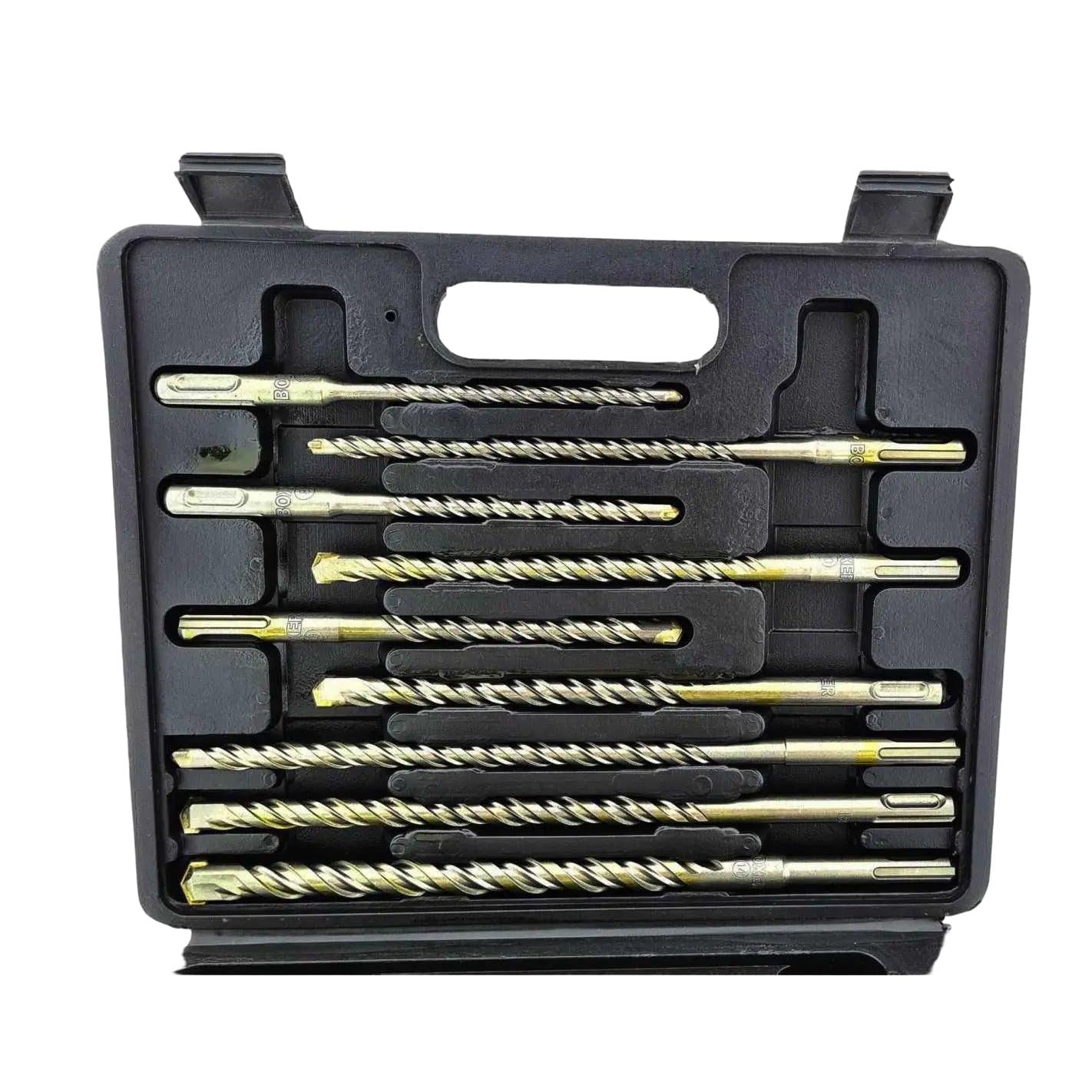 Gouden boormachineset met schroefdraad en boormessen in een zwarte houder, geschikt voor hout- en metaalbewerking. Perfect voor DIY-projecten en professionele reparaties.