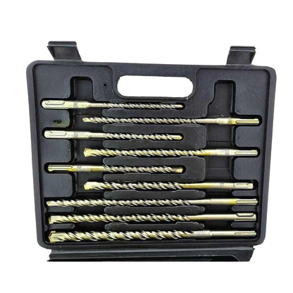 Gouden boormachineset met schroefdraad en boormessen in een zwarte houder, geschikt voor hout- en metaalbewerking. Perfect voor DIY-projecten en professionele reparaties.