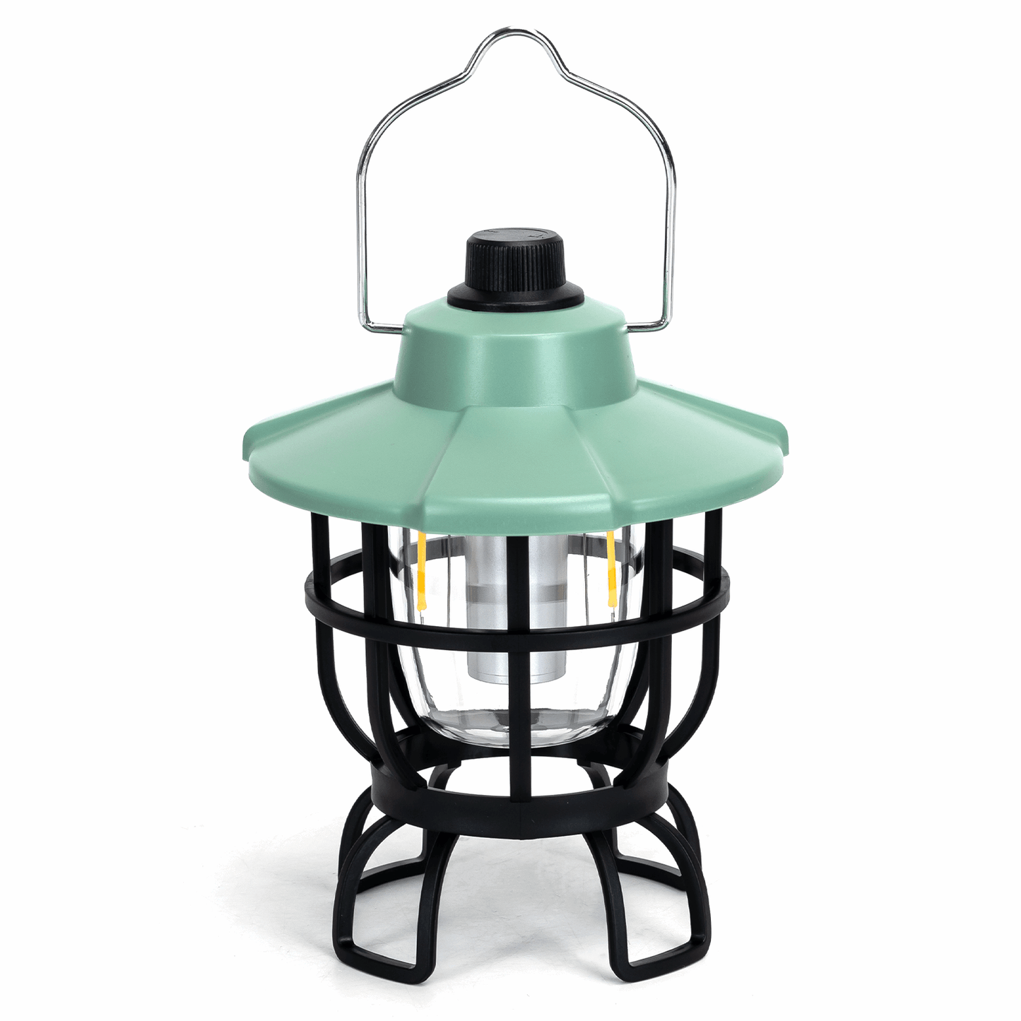 Een groene, zonnepanelen-gevoerde wandellicht met zwarte metalen kooi en handvat, geschikt voor avonturen en kampeerreizen. De heldere glazen kap zorgt voor optimale verlichting in de natuur.
