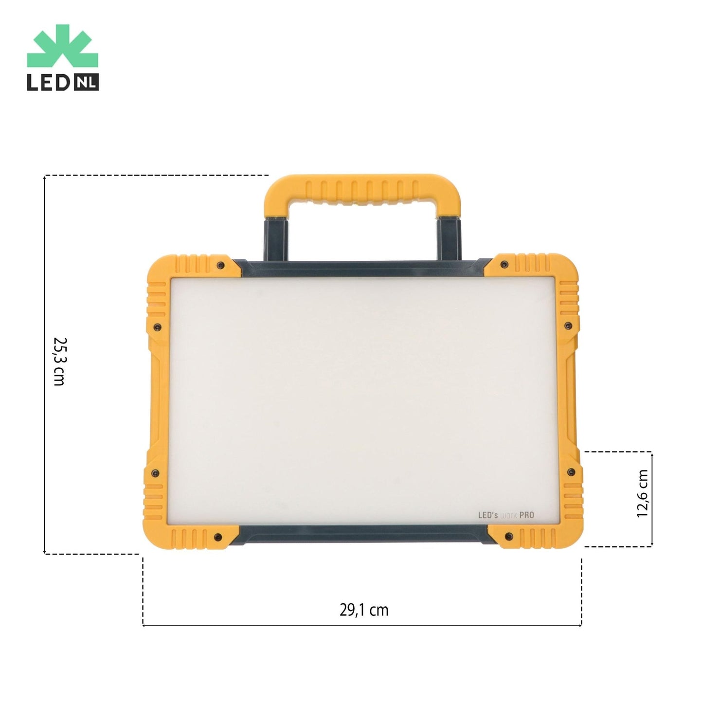 LED’s work PRO werktuigverlichting met robuust geel-zwart frame en handvat, geschikt voor professionele werkomgevingen. Zichtbare LED-panelen en draagbare ontwerp voor betrouwbare verlichting op bouwplaats of in de garage.
