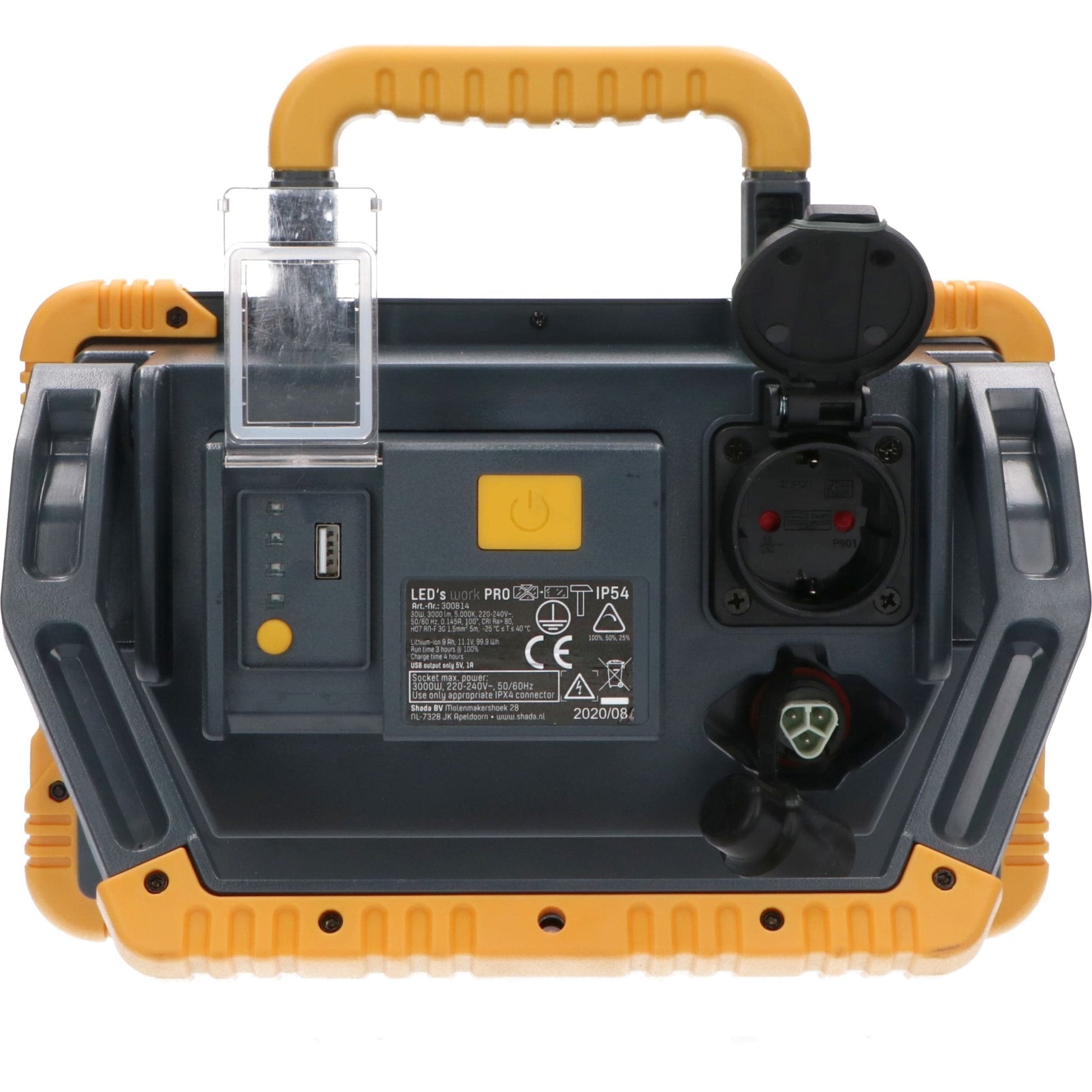 LED’s work PRO werklicht met robuust geel-zwart frame, handvat en schuifbare arm. Geschikt voor professionele verlichting op bouwplaatsen en in de garage.