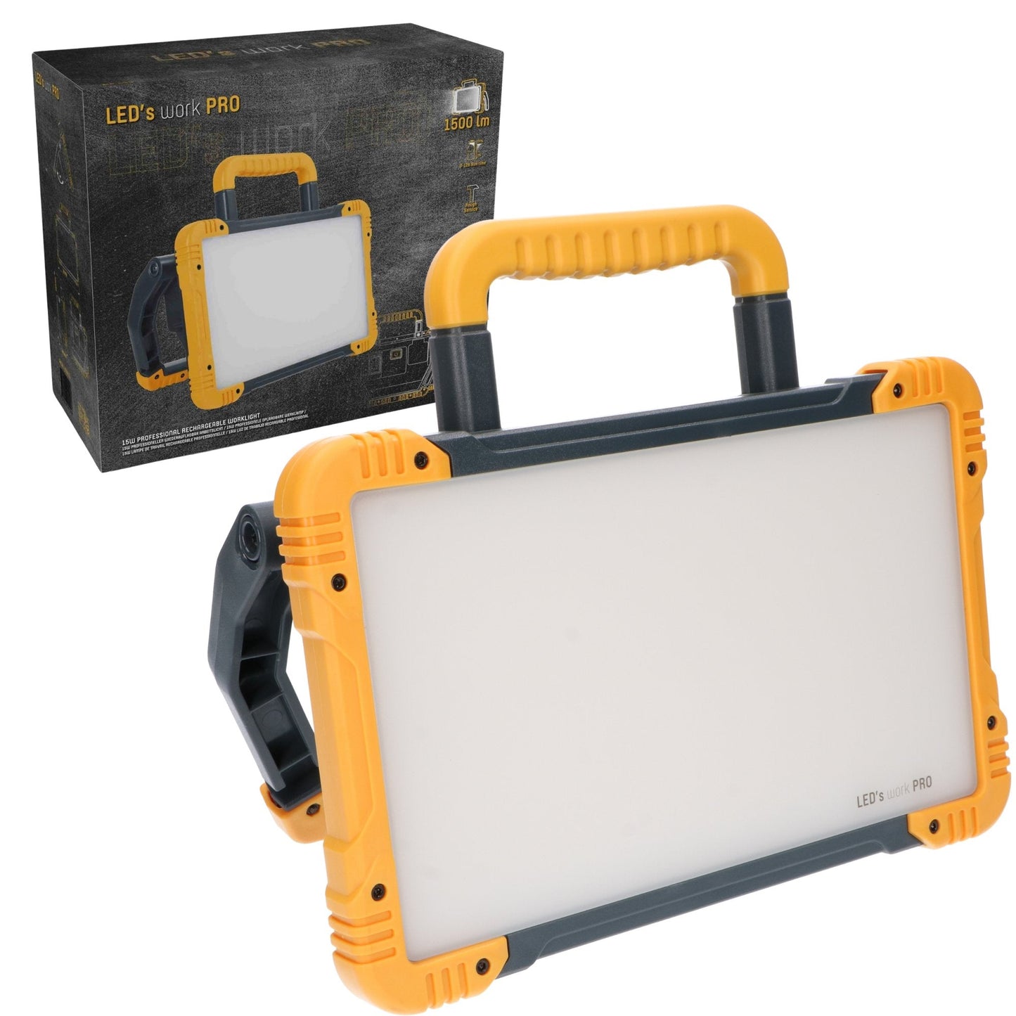 LED’s work PRO werklamp met robuust geel-zwart frame en handvat, geschikt voor professionele werkomgevingen. Zichtbaar op de voorkant: witte verlichtingsvlak en merknaam.