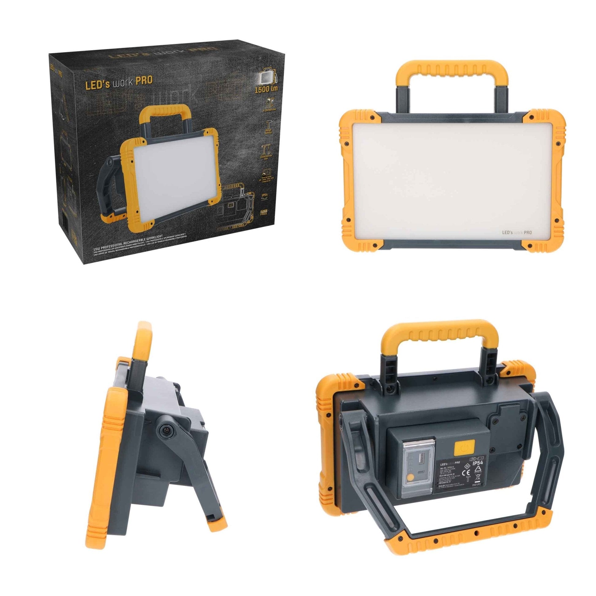 LED's work PRO werktuigverlichting met robuust geel-zwart frame en handvat, geschikt voor professionele werkomgevingen. Zichtbaar op de voorkant: witte lichtplaat en merknaam.