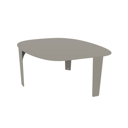 Een moderne, grijze, ovale salontafel met gestileerde poten, geschikt voor woonkamer of lounge. Gebruik als centraal meubelstuk in een minimalistische of Scandinavische interieur.