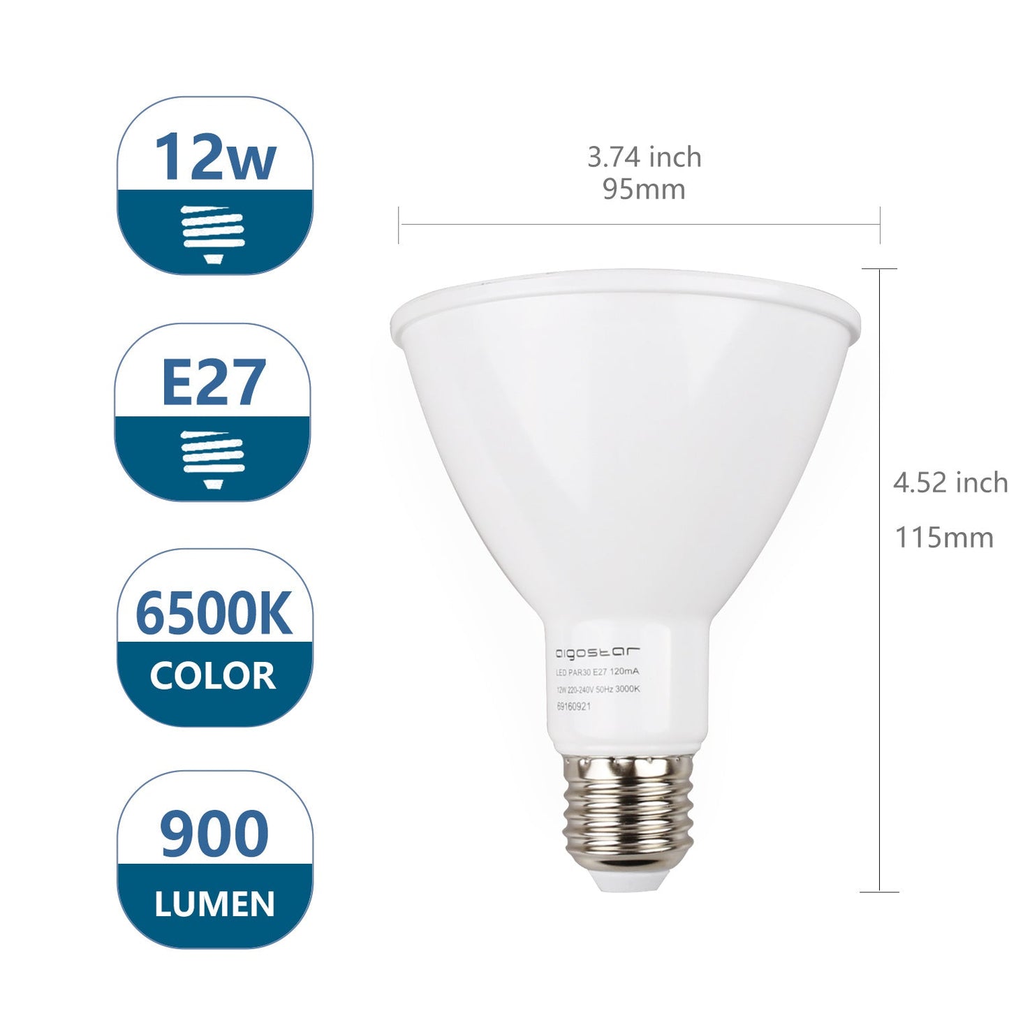 Comnox - E27 PAR30 spot - Daglicht wit 6500K - Hoog rendement - LED 12W - Energiezuinig - 6500K