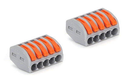 Grijze elektrische aansluitingen met oranje klemmen, geschikt voor kabelverbindingen in industriële installaties. Zichtbare specificaties: 32A, 250V/1KV.