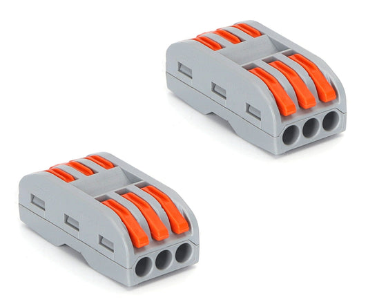 Grijze kabelverbindingen met oranje schuifklemmen, geschikt voor elektrische installaties. Zichtbare metalen contactpunten en robuuste plastic constructie voor veilige stroomverbindingen.