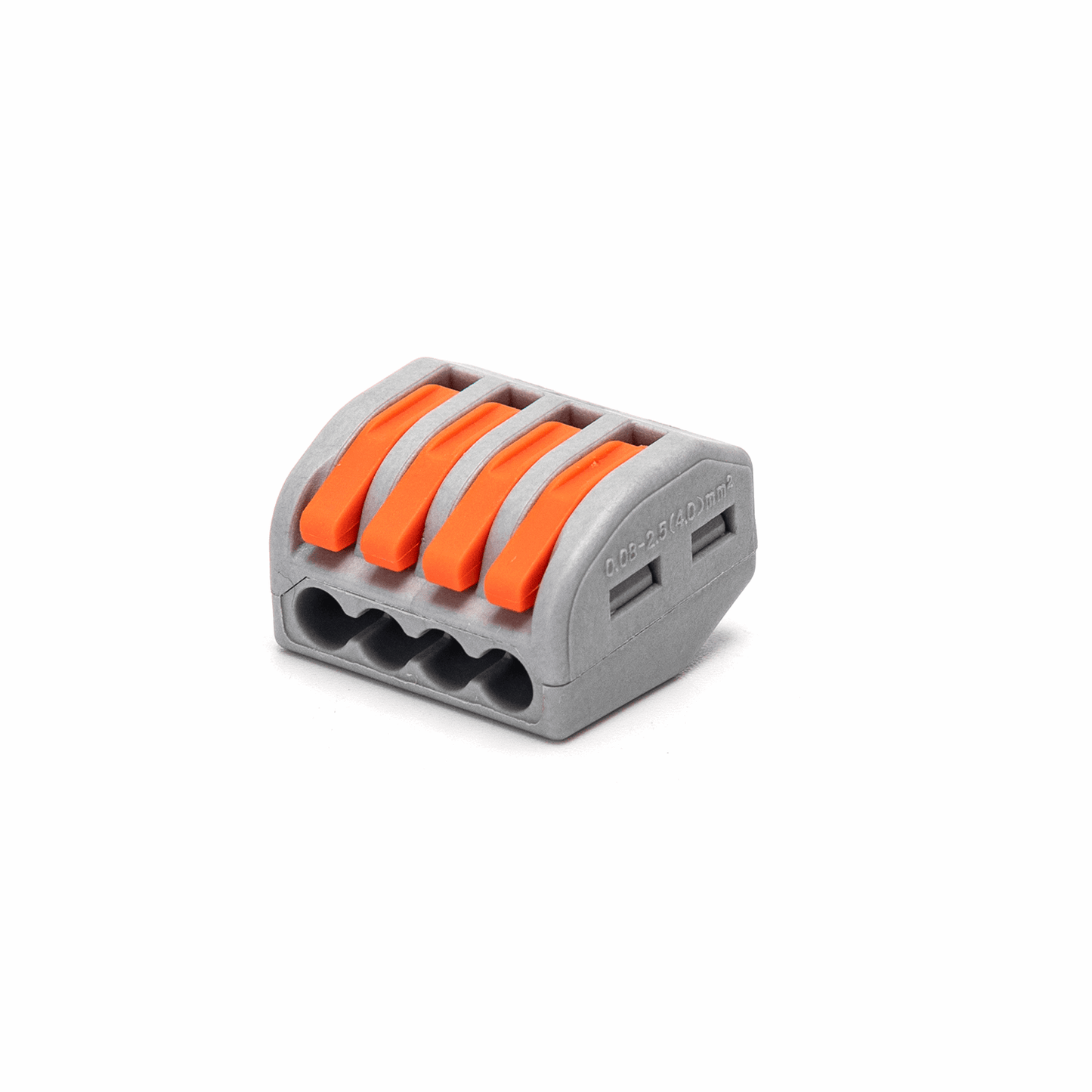 Vijf grijze kabelklemmen met oranje klemschijven, geschikt voor elektrische installaties. Robuust kunststof ontwerp voor veilige en snelle kabelverbindingen in huis- en industriële toepassingen.