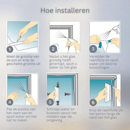Een witte, matte privacyfolie op een raam met wit kozijn, zichtbaar tegen een groene, onscherpe achtergrond. Perfect voor privacy in woon- en kantoorruimtes.